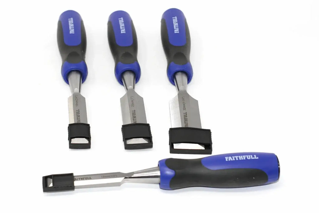 Faithfull 4pc Butt Chisels Set by Cherry Tree Tools with chrome vanadium steel blades and soft grip handles