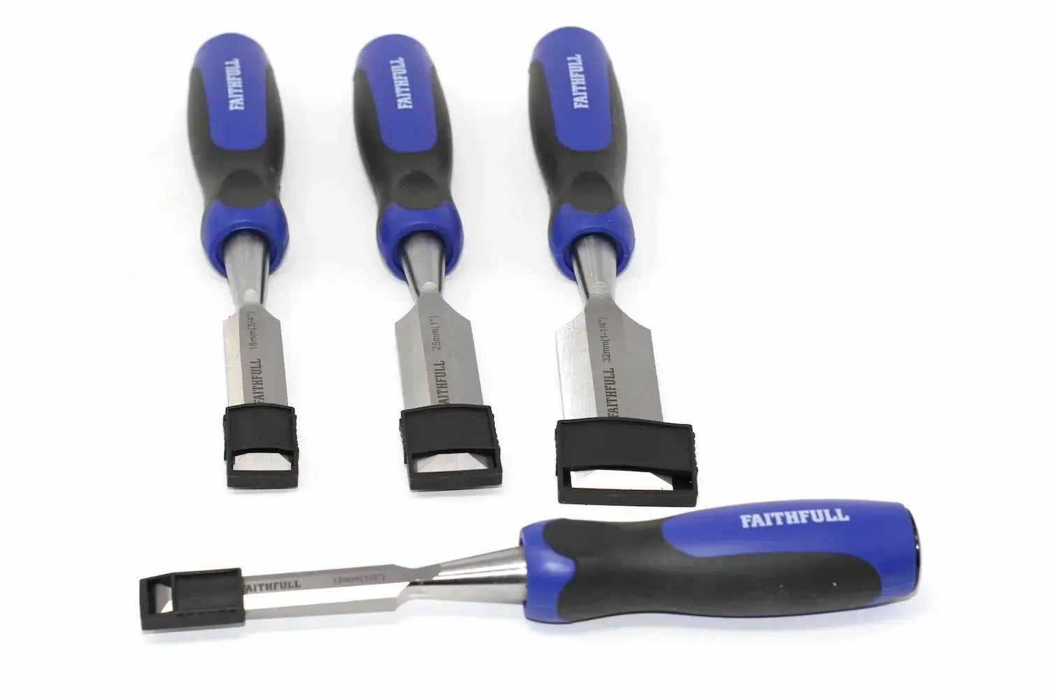 Faithfull 4pc Butt Chisels Set by Cherry Tree Tools with chrome vanadium steel blades and soft grip handles