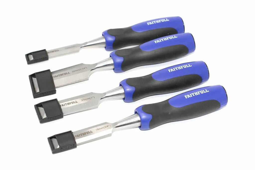 Faithfull 4pc Butt Chisels Set by Cherry Tree Tools, blue and black soft grip handles