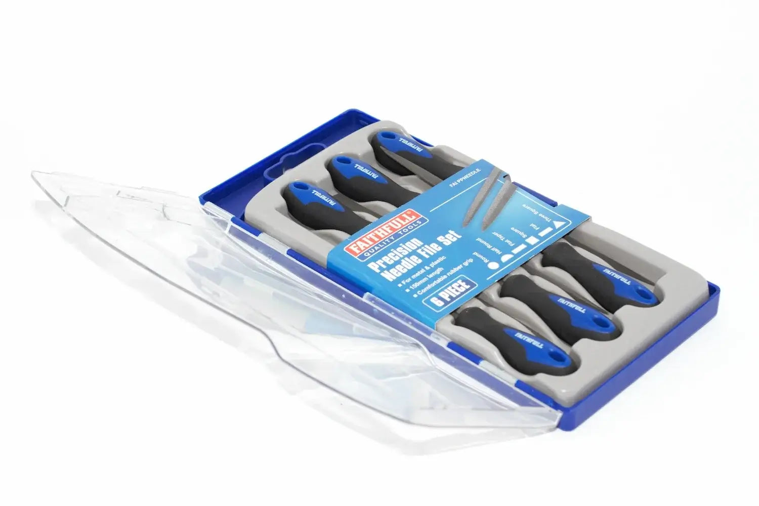 Faithfull 6pc Needle File Set by Cherry Tree Tools, blue and grey needle file set with rubber grip