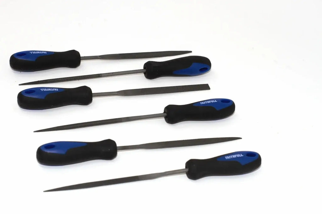 Faithfull 6pc Needle File Set by Cherry Tree Tools, rubber grip needle files in blue and black