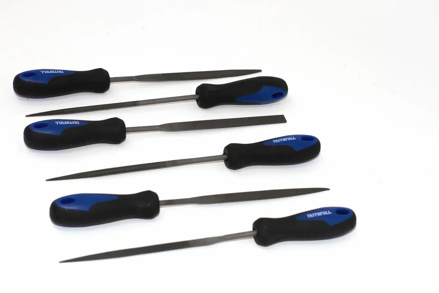 Faithfull 6pc Needle File Set by Cherry Tree Tools, rubber grip needle files in blue and black