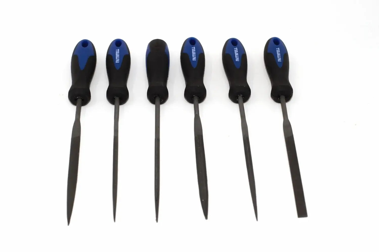 Faithfull 6pc Needle File Set by Cherry Tree Tools with rubber grip handles, blue and black