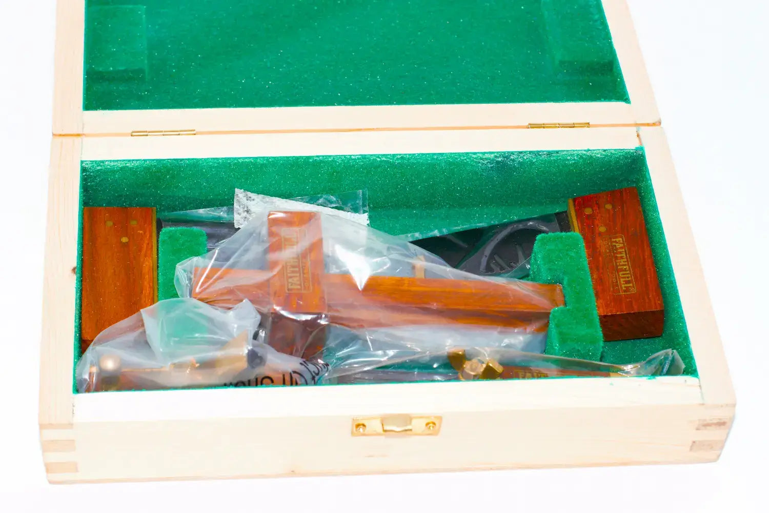 Faithfull Miniature Tools Set by Cherry Tree Tools in a hinged wooden storage case with brass fittings