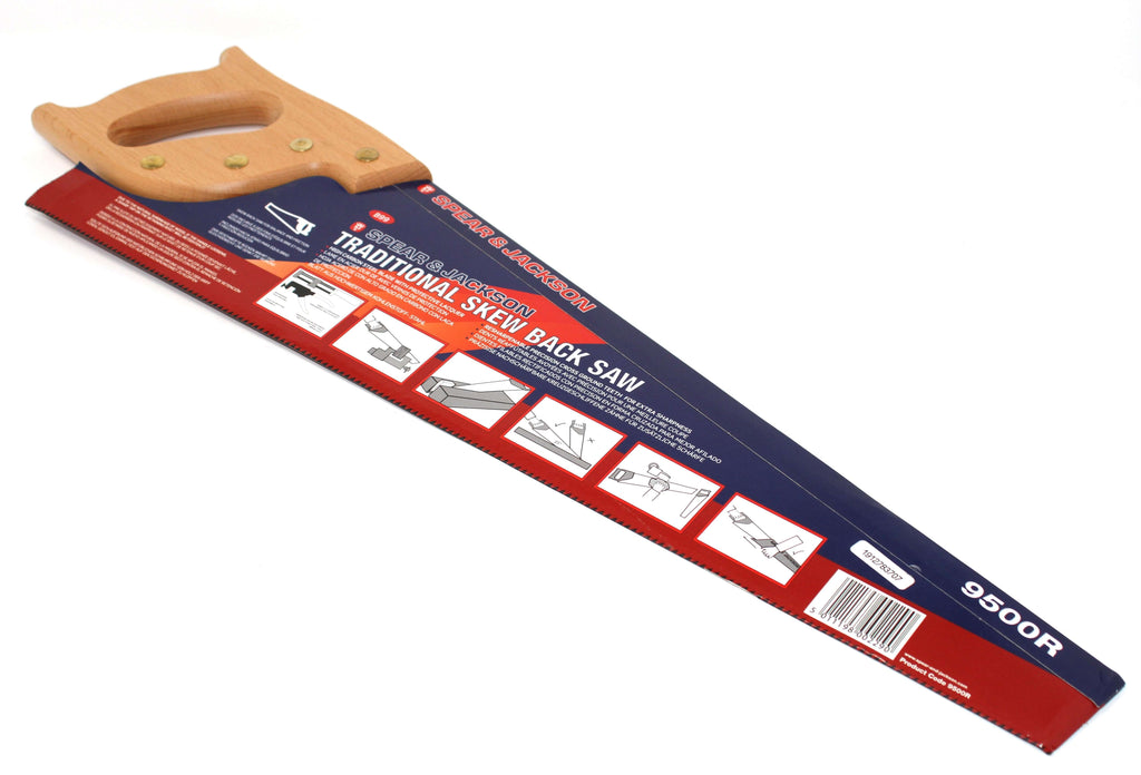 Spear & Jackson 22" Skew Back Hand Saw displaying its design and packaging for precision woodworking.