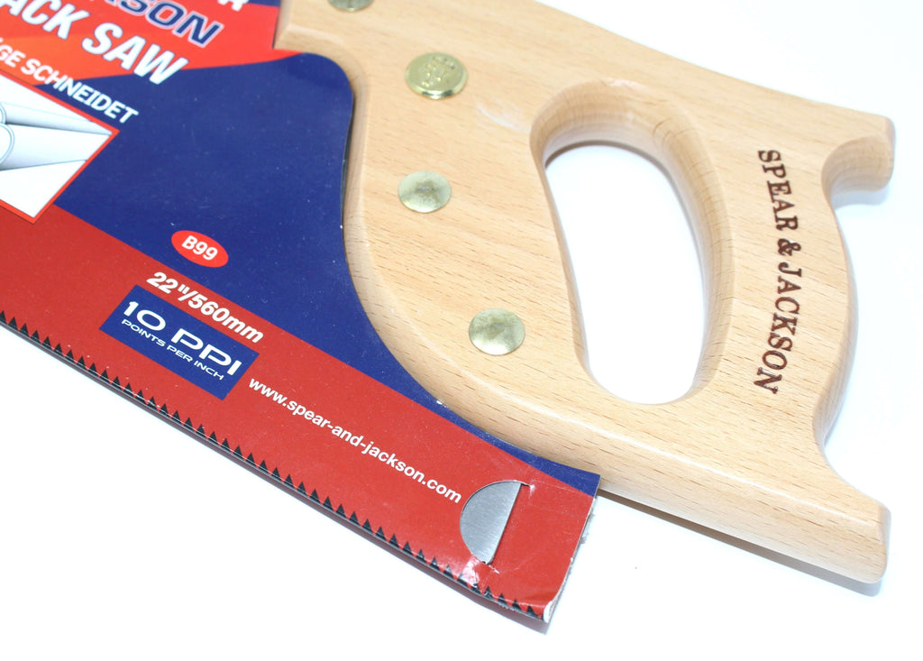 Spear & Jackson 22" Skew Back Hand Saw featuring a wooden handle and precision blade for woodworking.