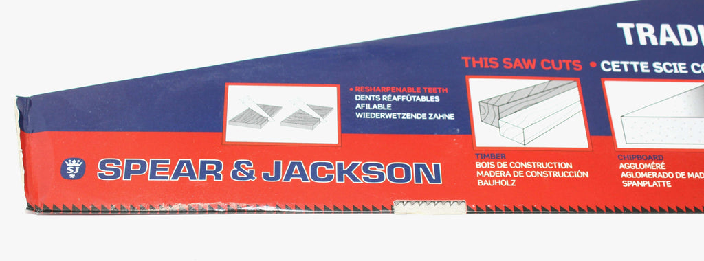 Spear & Jackson 22" Skew Back Hand Saw packaging showing resharpenable teeth and cutting instructions.