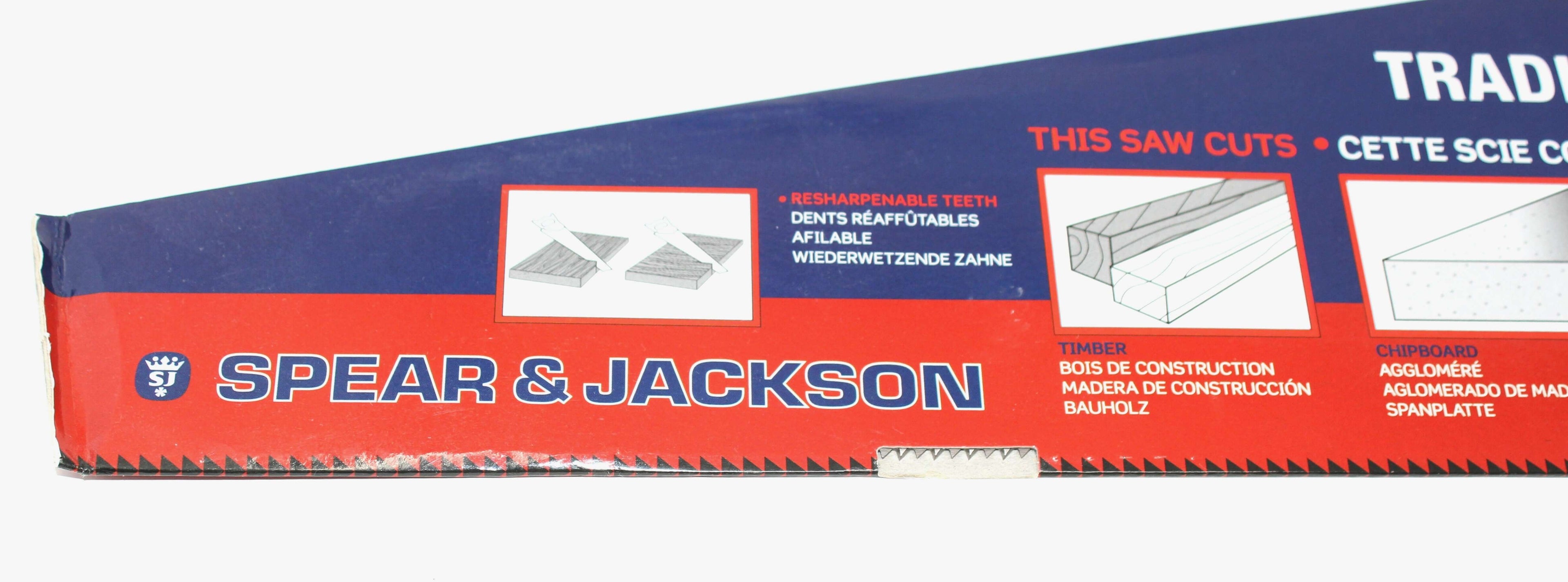 Spear & Jackson 22" Skew Back Hand Saw packaging showing resharpenable teeth and cutting instructions.