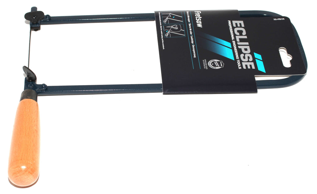 Eclipse Professional Fretsaw Woodworking tool with a wooden handle and packaging features.