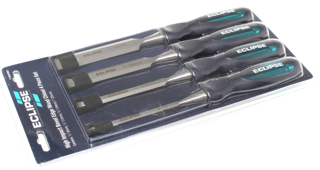 Eclipse Professional 4pc Wood Chisel Set in packaging showcasing high-quality woodworking tools.
