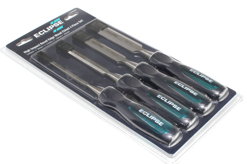 Eclipse Professional 4pc Wood Chisel Set in packaging showing four chisels.