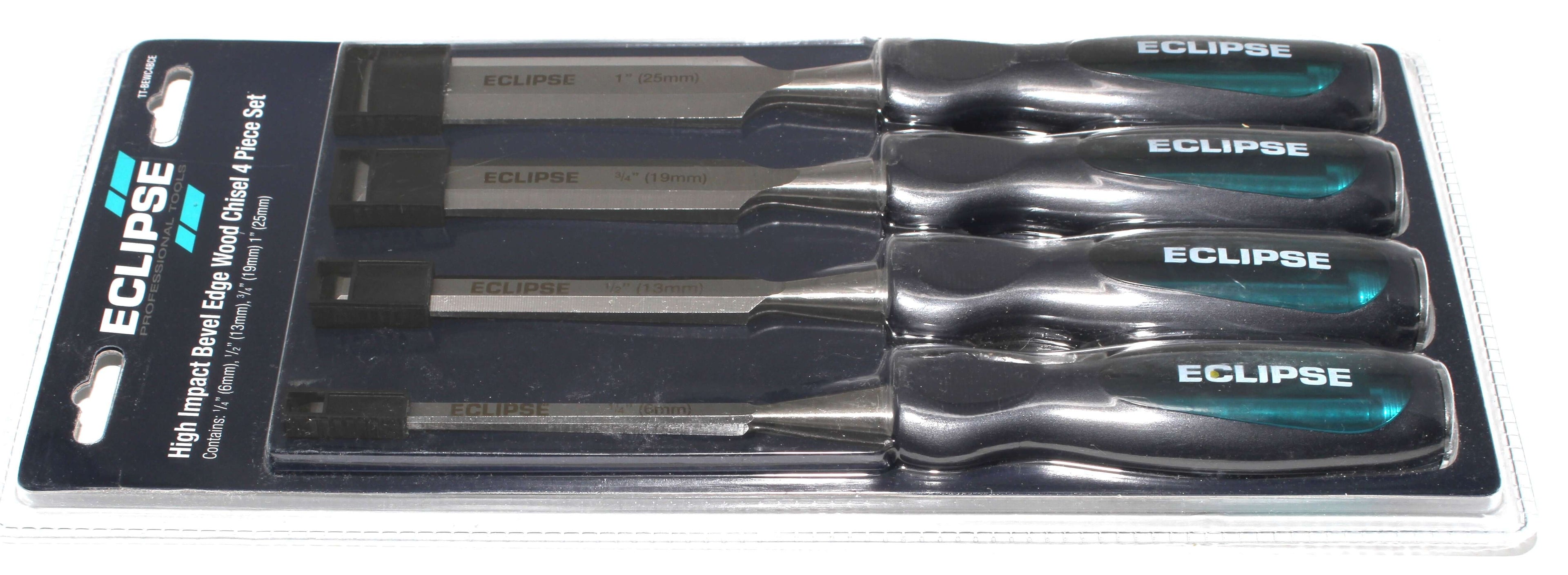 Eclipse Professional 4pc Wood Chisel Set featuring high-impact handles and precision blades for woodworkers.