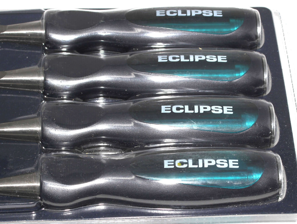Eclipse Professional 4pc Wood Chisel Set displayed in packaging with ergonomic handles.