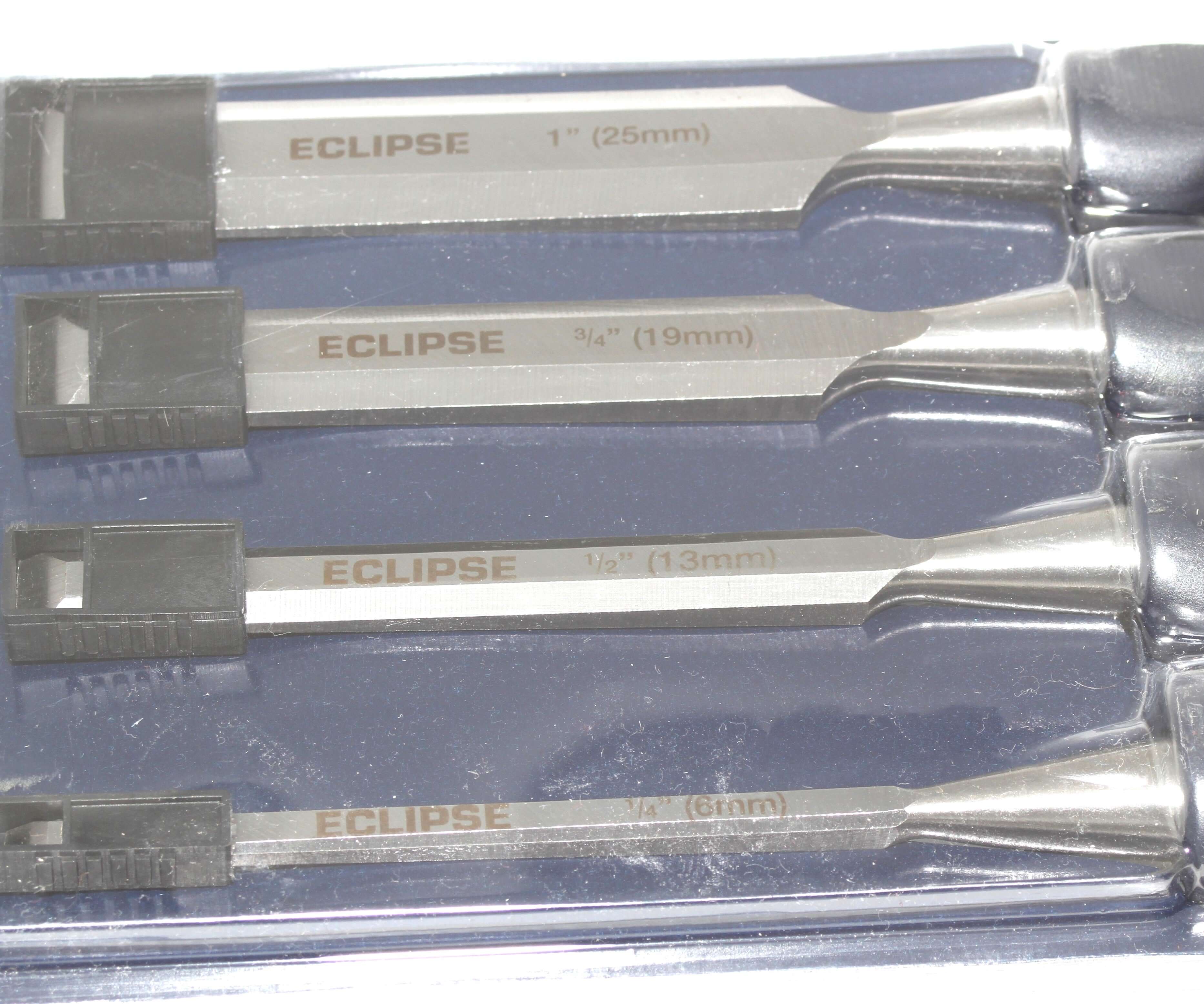 Eclipse Professional 4pc Wood Chisel Set showing chisel sizes in a display packaging.