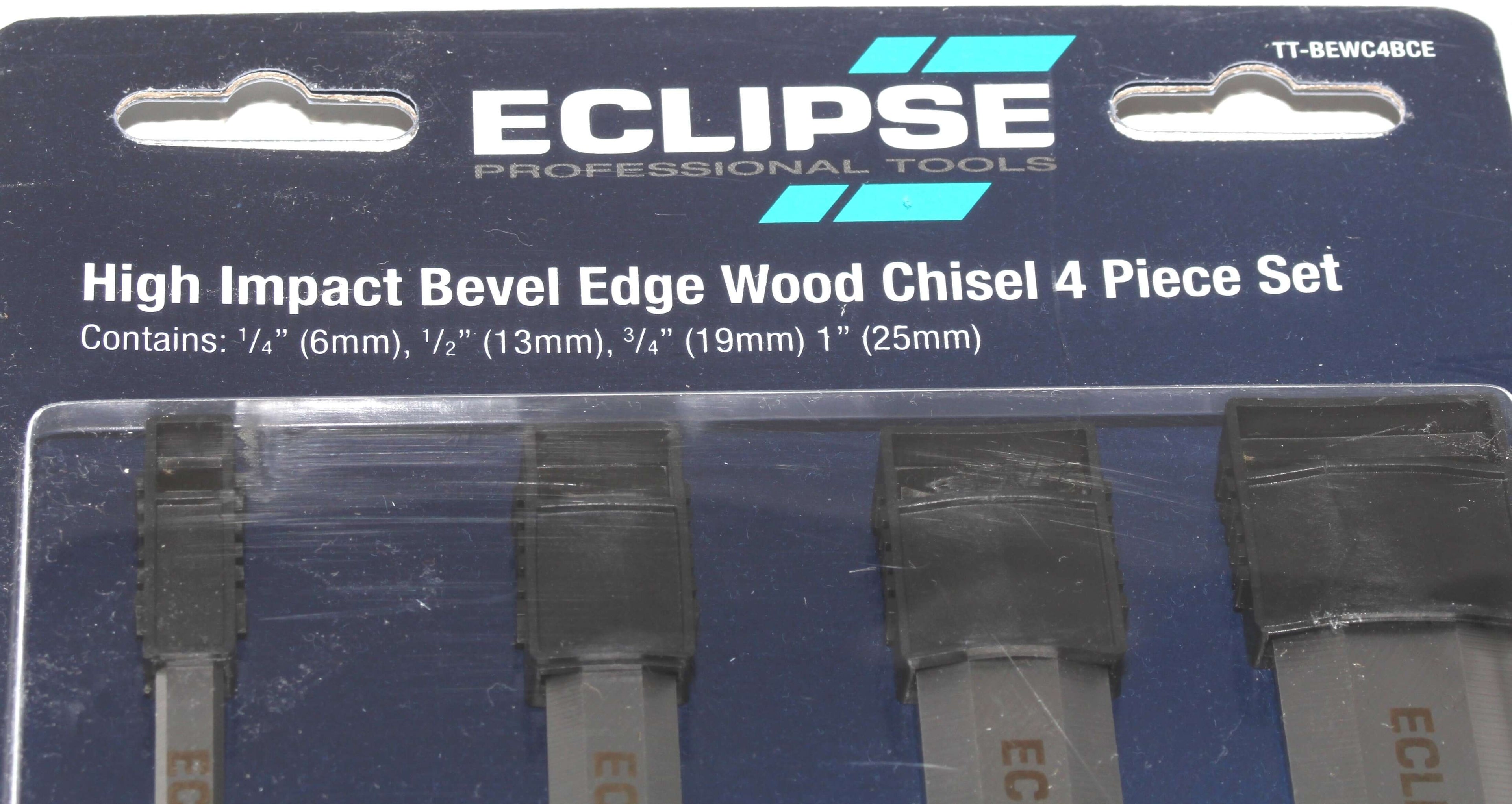 Eclipse Professional 4pc Wood Chisel Set packaging showing high impact chisel sizes and details.