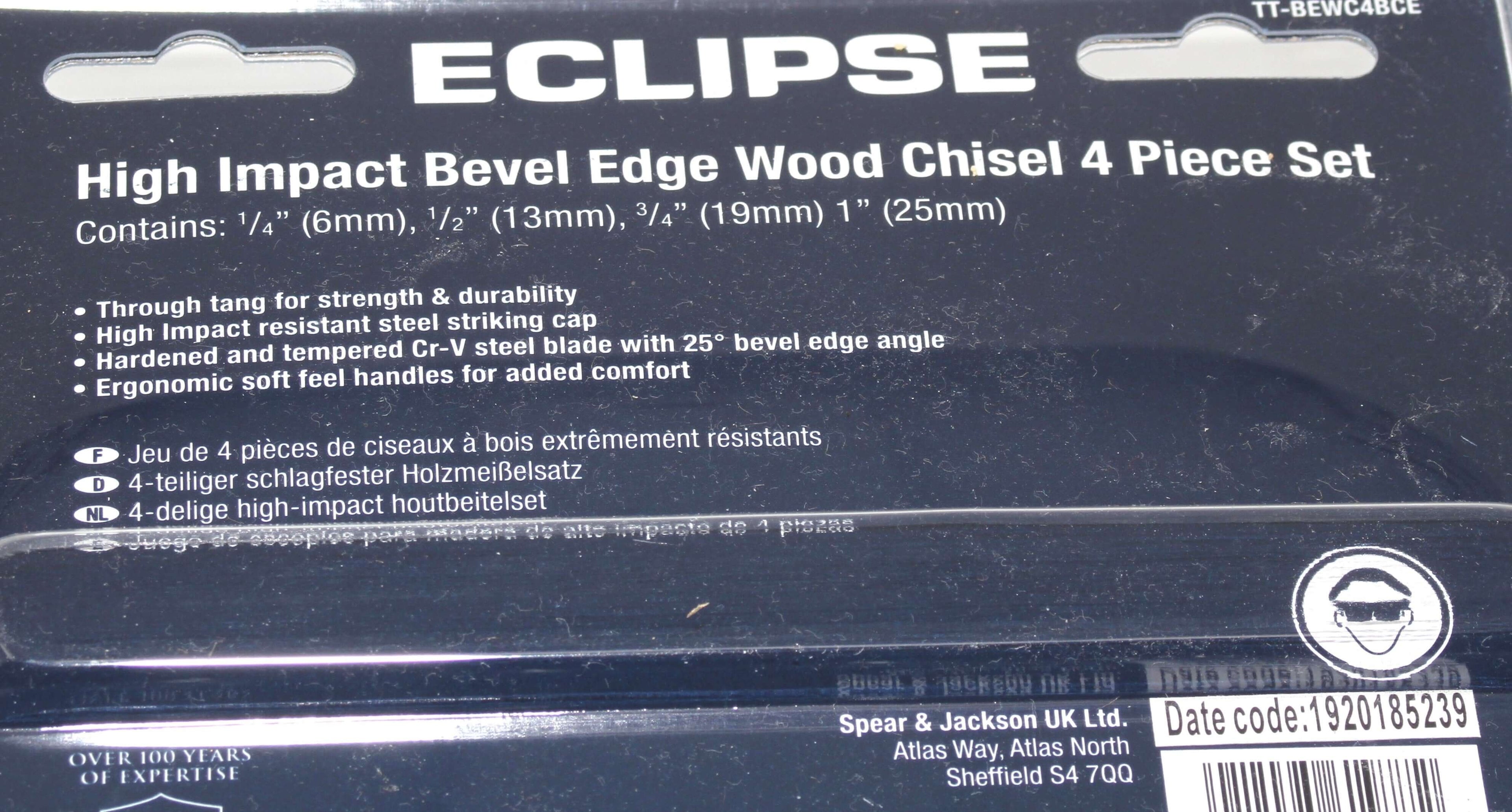 Eclipse Professional 4pc Wood Chisel Set packaging with features and specifications highlighted.