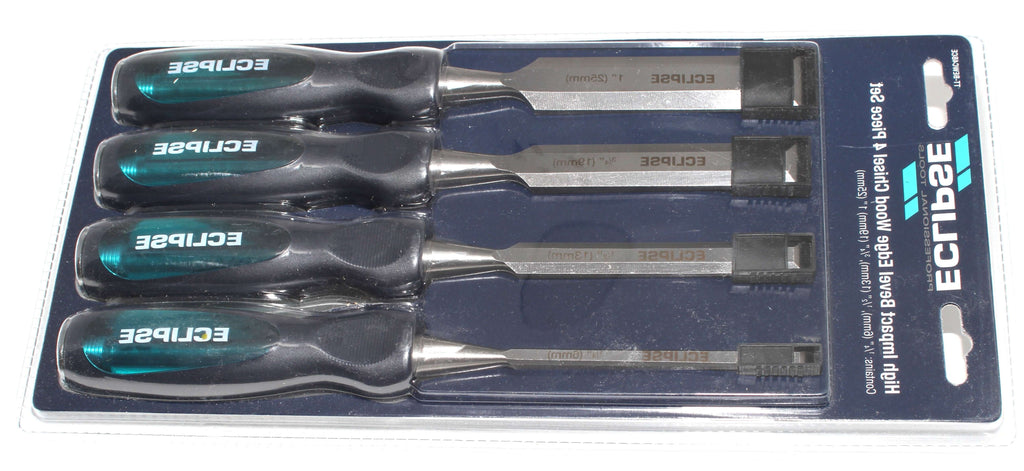 Eclipse Professional 4pc Wood Chisel Set with ergonomic handles and precision blades.