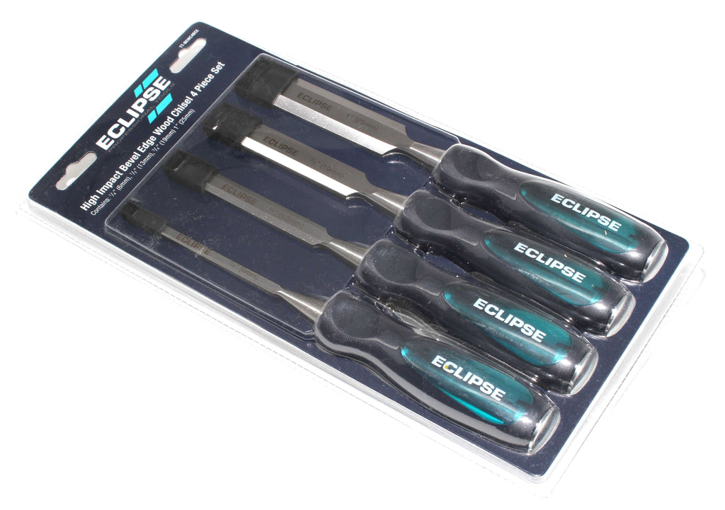 Eclipse Professional 4pc Wood Chisel Set in packaging, ideal for woodworking projects.
