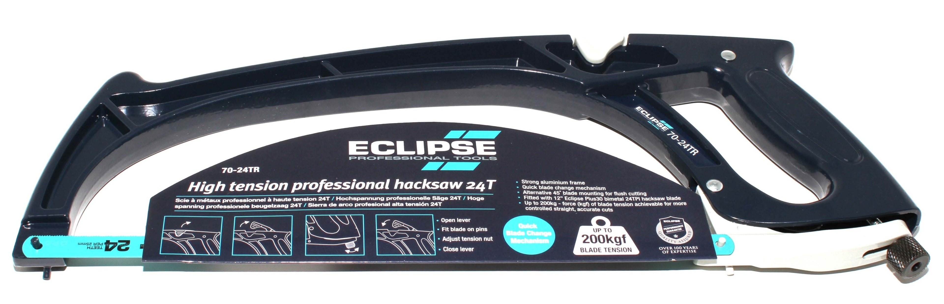 Eclipse Professional Hacksaw showing high tension frame design for precise cutting of metal, plastic, and wood.