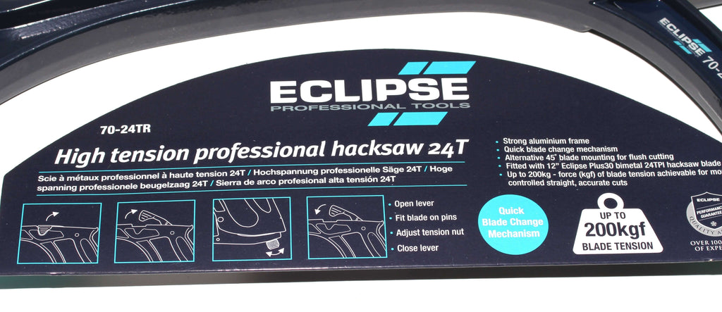 Eclipse Professional Hacksaw details including quick blade change mechanism and strong aluminum frame