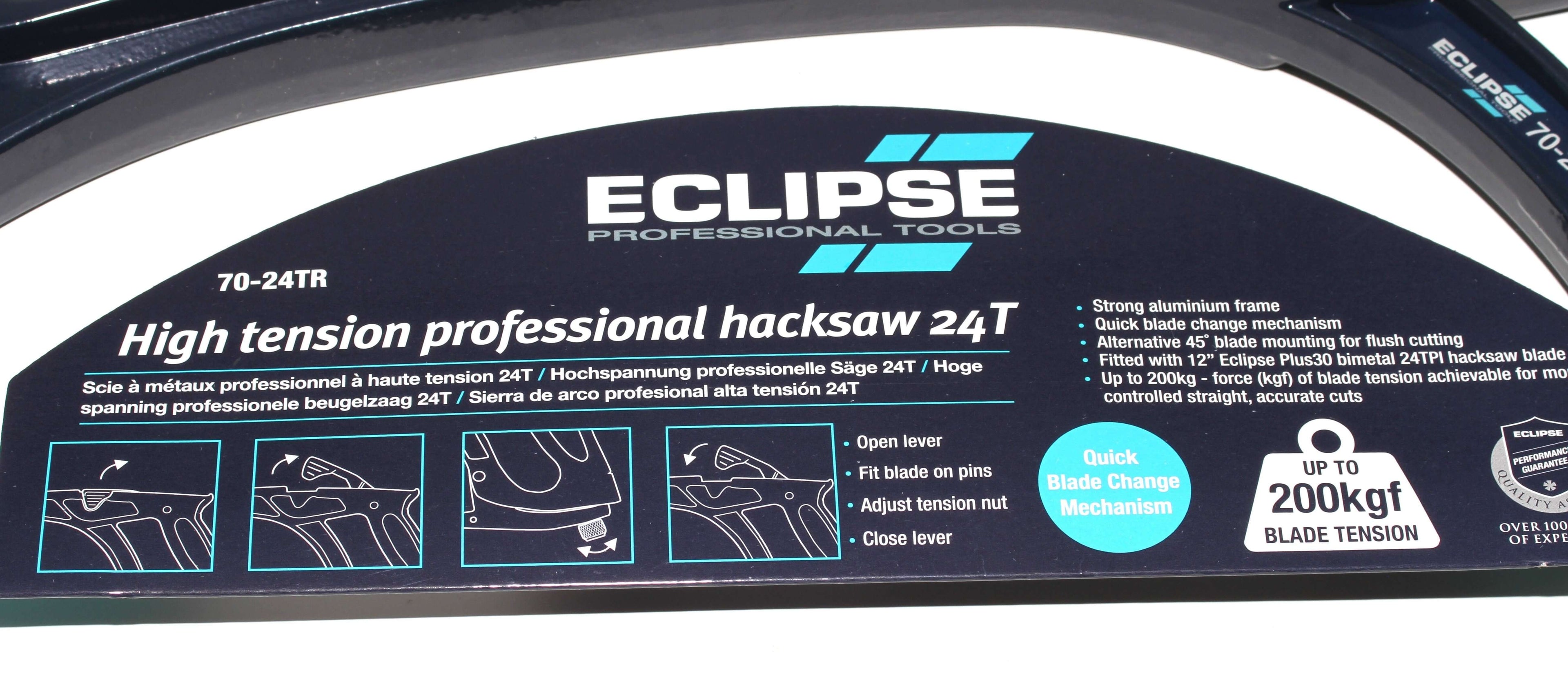 Eclipse Professional Hacksaw details including quick blade change mechanism and strong aluminum frame
