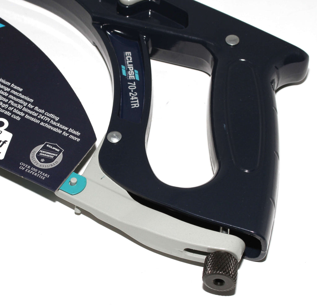 Eclipse Professional Hacksaw handle detail showcasing high tension cutting design and robust construction for precision cutting.
