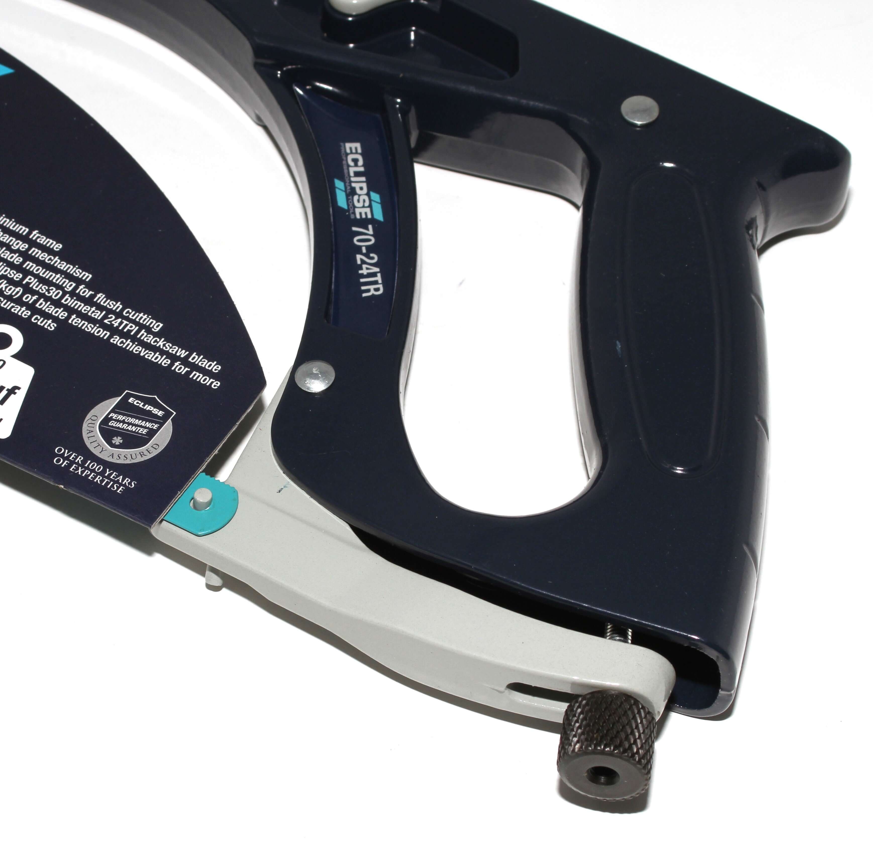 Eclipse Professional Hacksaw handle detail showcasing high tension cutting design and robust construction for precision cutting.