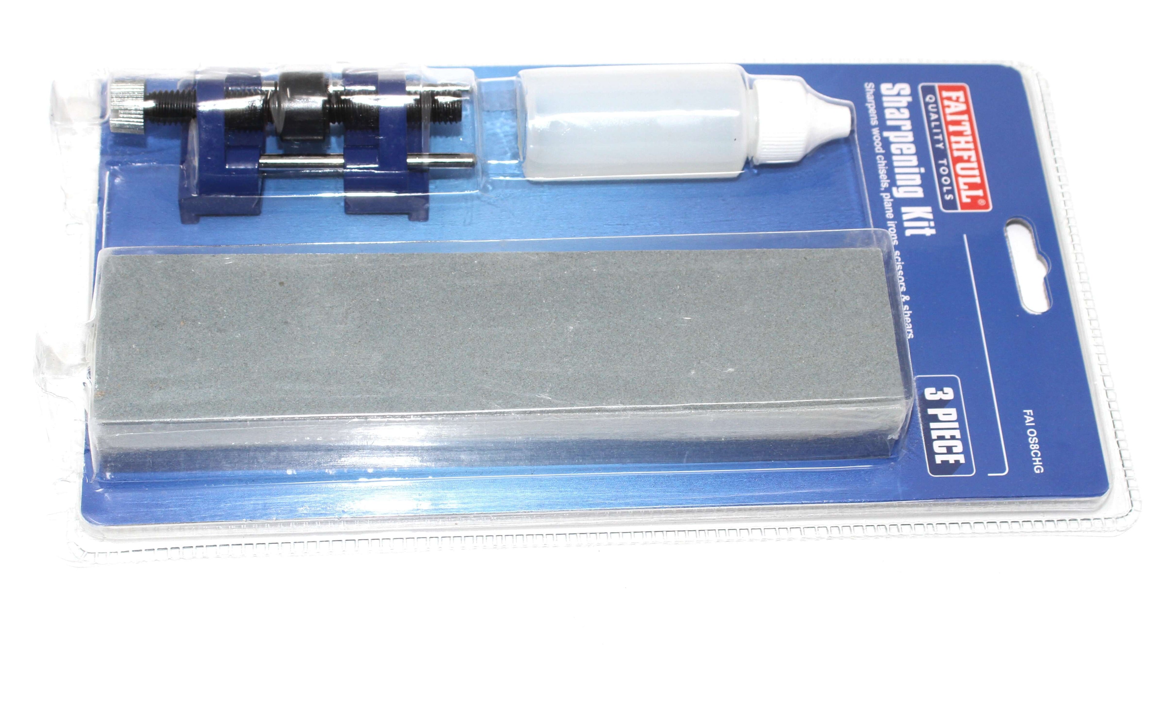 Faithfull 3pc Tool Sharpening Kit including oilstone, honing guide, and sharpening oil for optimal performance.
