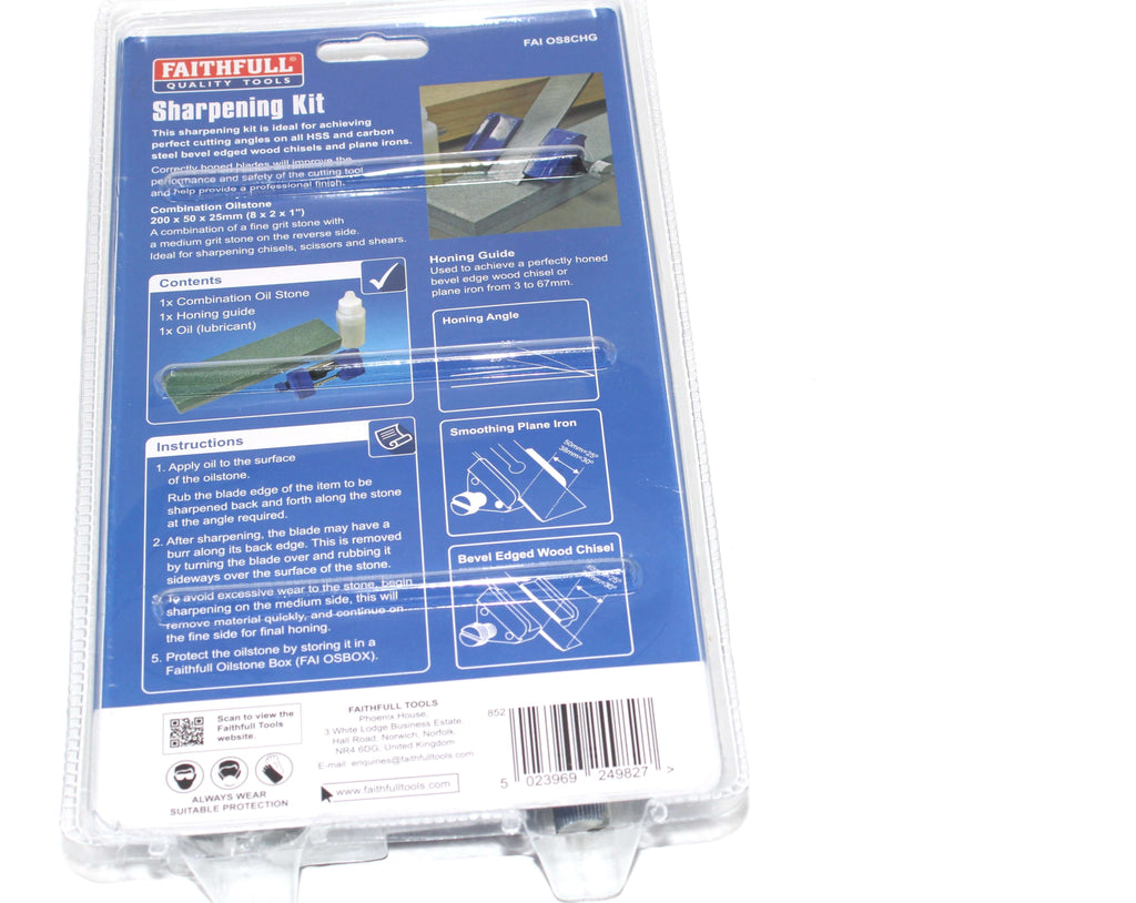 Faithfull 3pc Tool Sharpening Kit back cover with instructions and contents overview for sharpening tools.