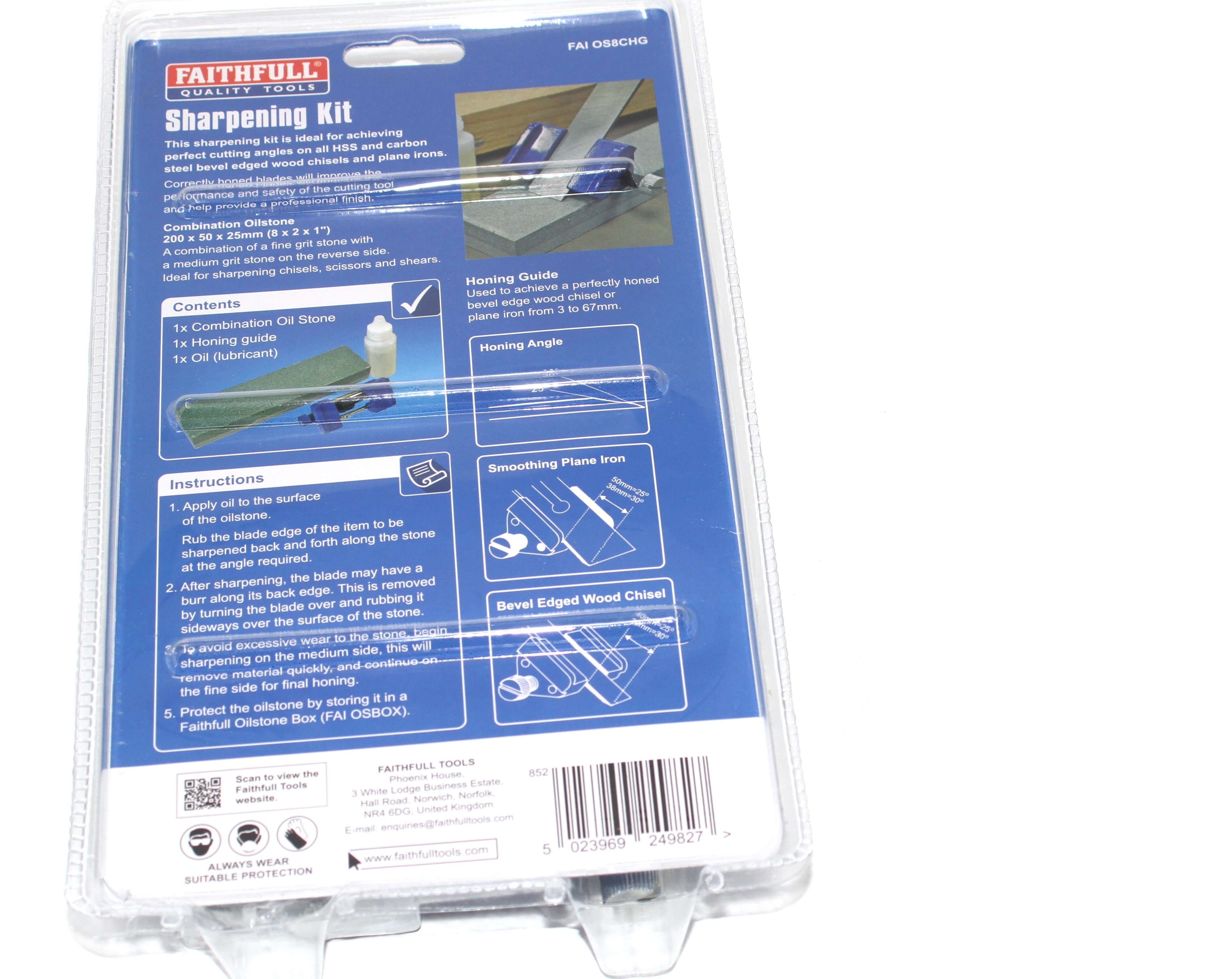 Faithfull 3pc Tool Sharpening Kit back cover with instructions and contents overview for sharpening tools.