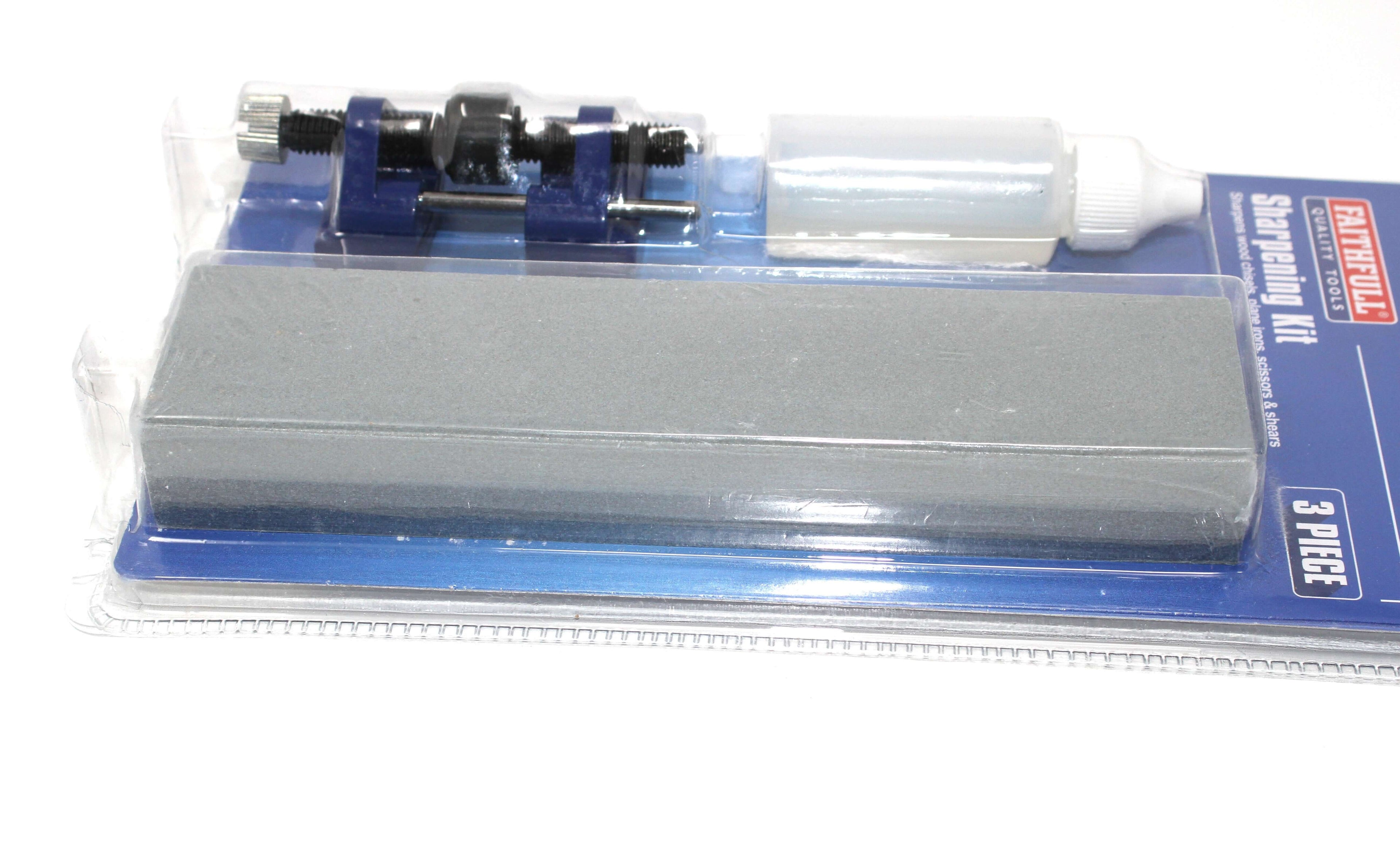 Faithfull 3pc Tool Sharpening Kit includes oilstone, honing guide, and sharpening oil for precision tool maintenance.