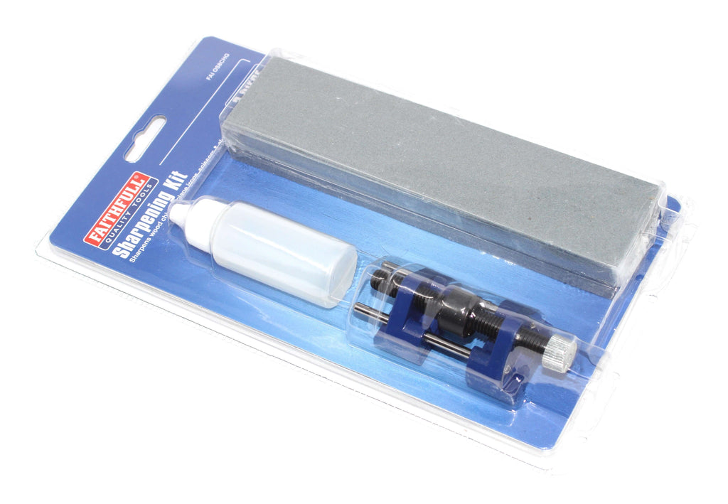 Faithfull 3pc Tool Sharpening Kit includes oilstone, honing guide, and sharpening oil for optimal tool performance.