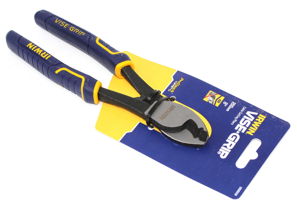 Irwin Vise-Grip 8" Cable Cutting Pliers with packaging, showcasing durability and design features.