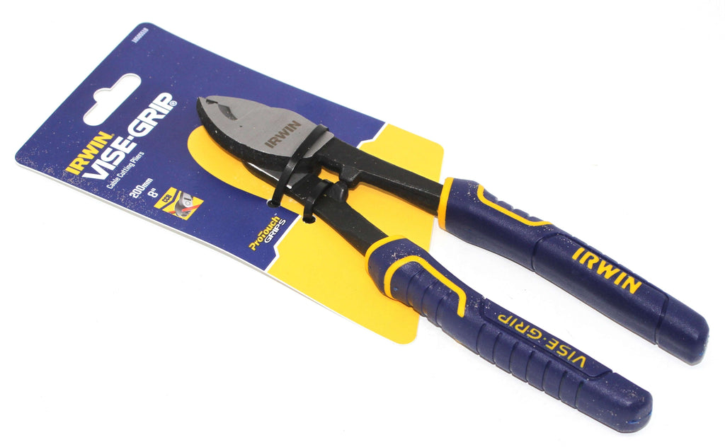 Irwin Vise-Grip 8" Cable Cutting Pliers featured on packaging for precision wiring tasks.