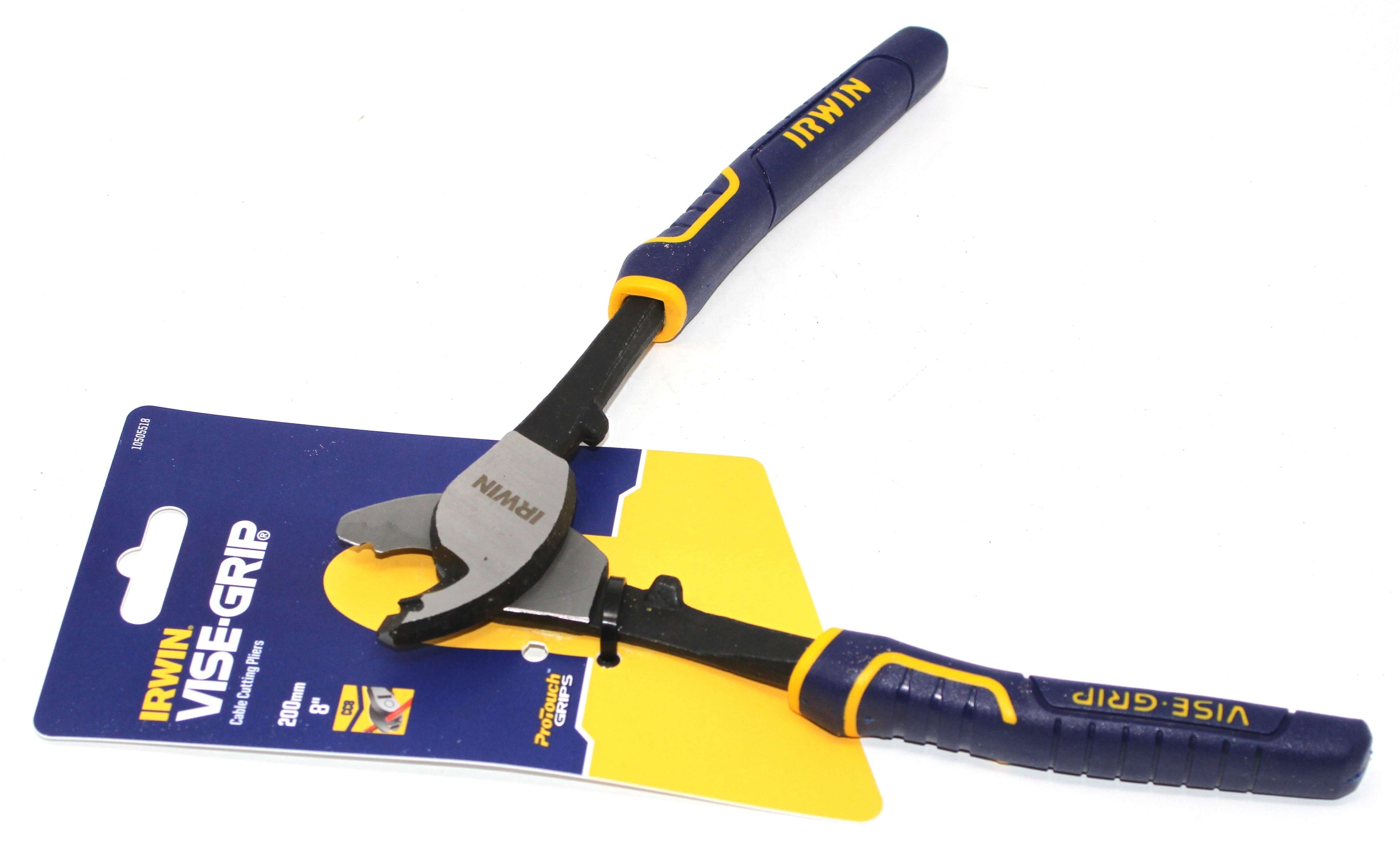Irwin Vise-Grip 8" Cable Cutting Pliers displayed with packaging, showcasing precision-engineered design.