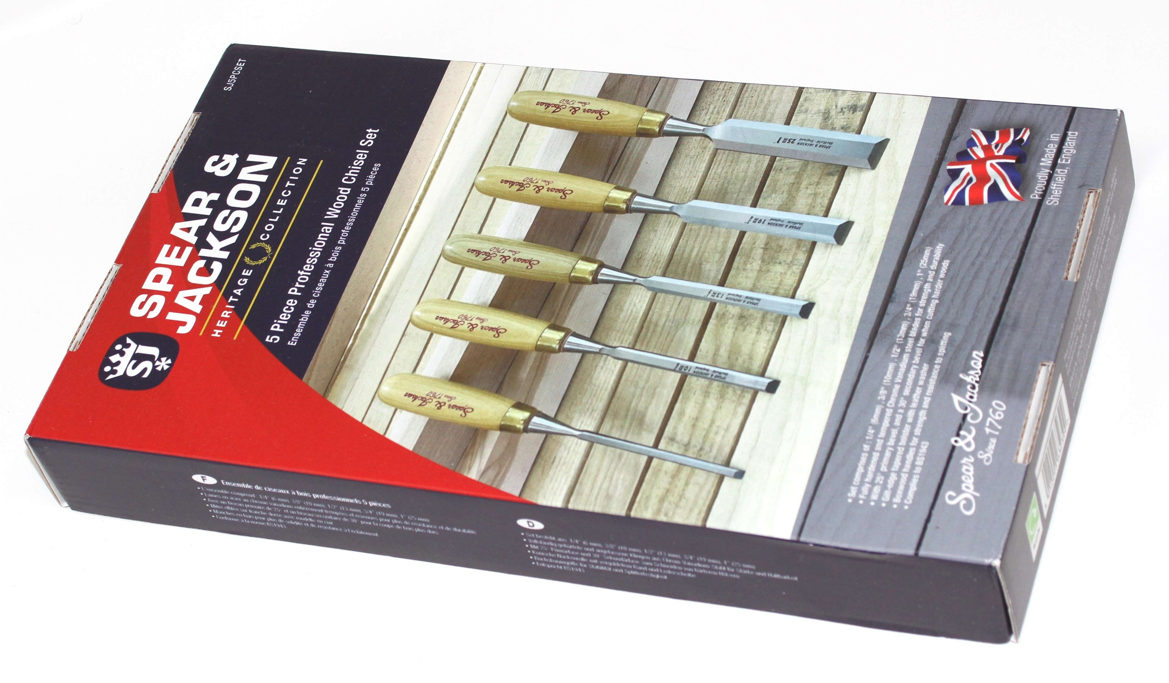 Spear & Jackson Heritage Wood Chisels Set 5pc packaging featuring premium wood chisels handcrafted in Sheffield.