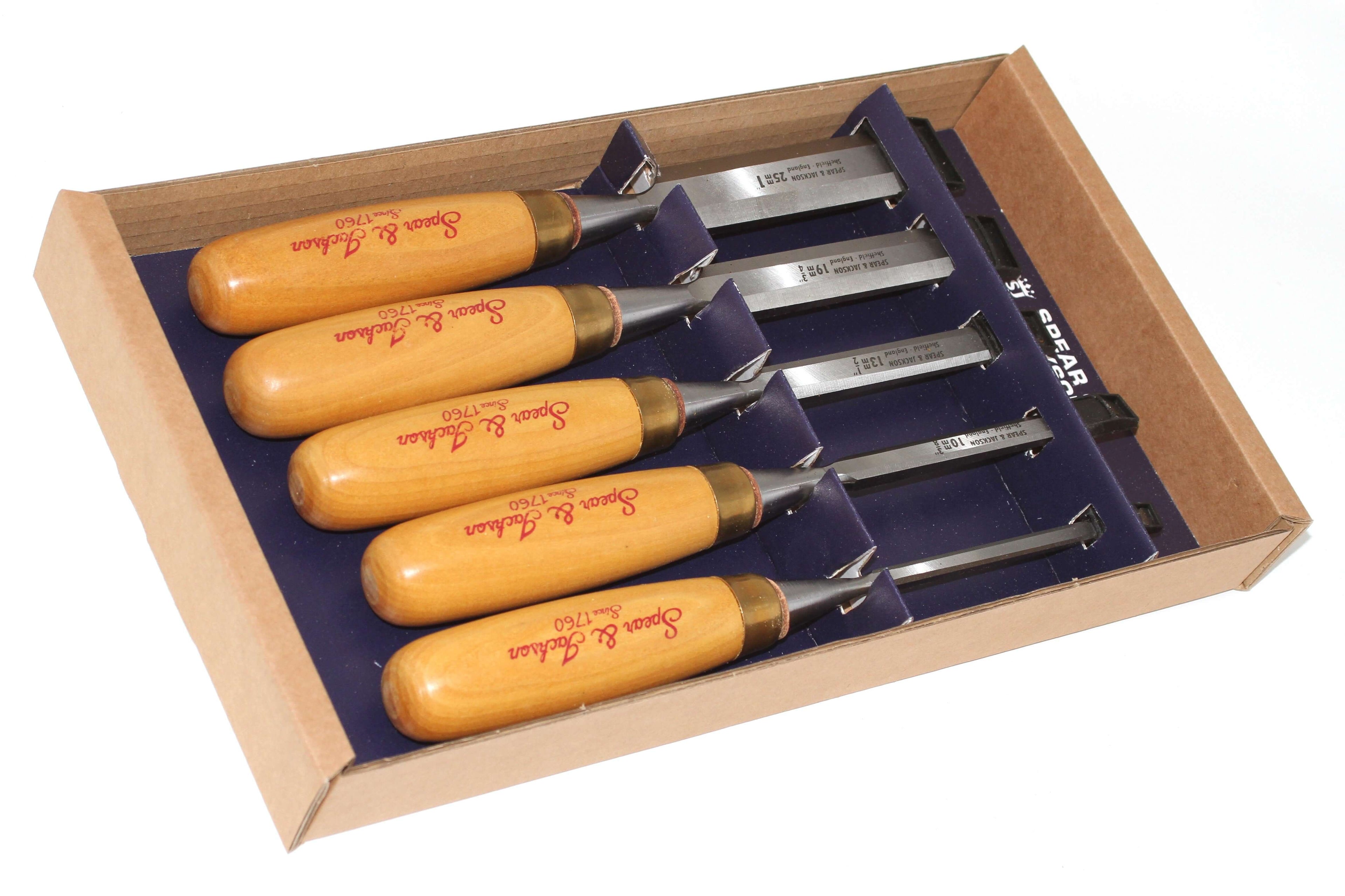 Spear & Jackson Heritage Wood Chisels Set 5pc displayed in a wooden box with polished handles and steel blades.