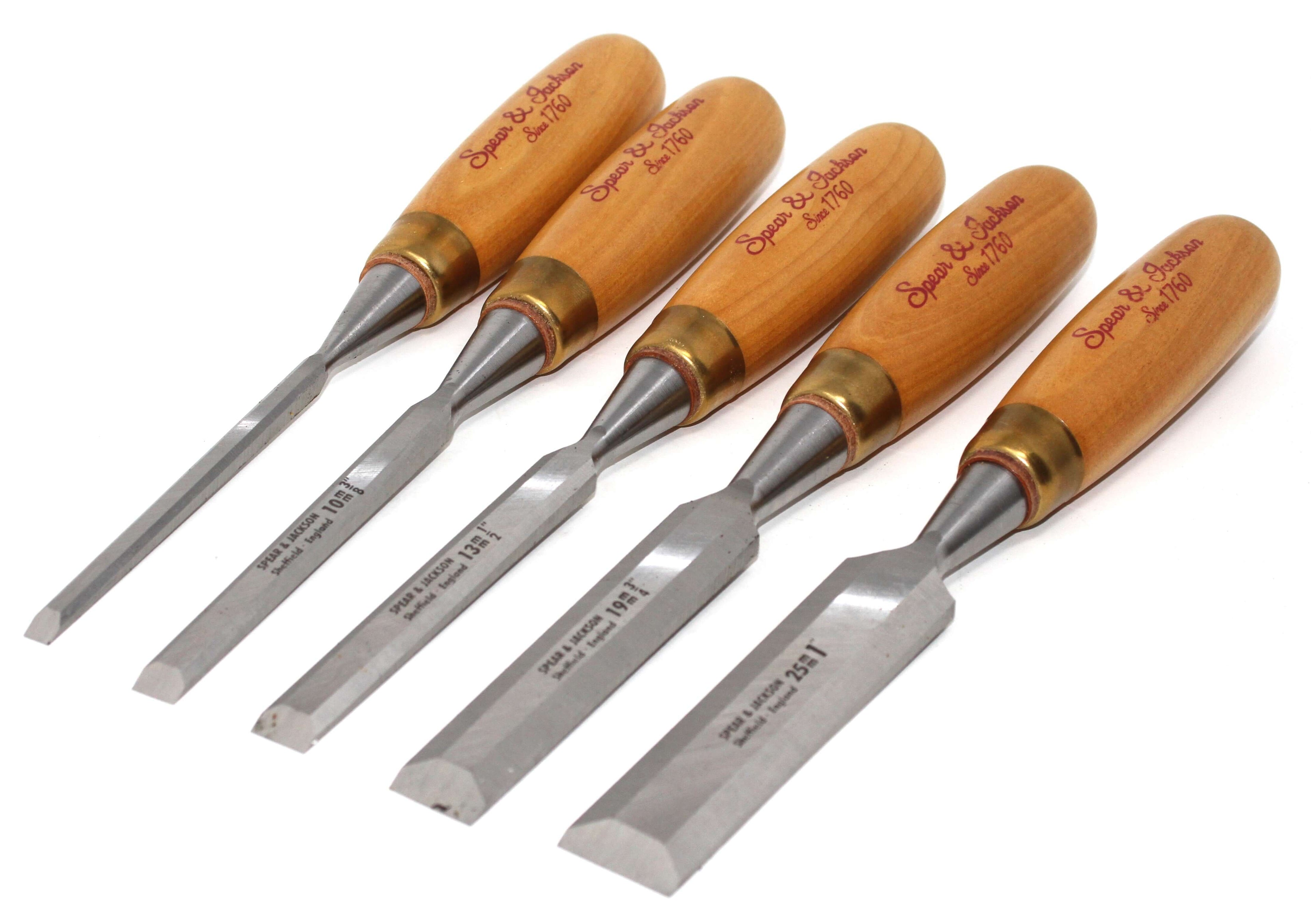 Spear & Jackson Heritage Wood Chisels Set 5pc displayed with premium wooden handles and chrome vanadium blades.