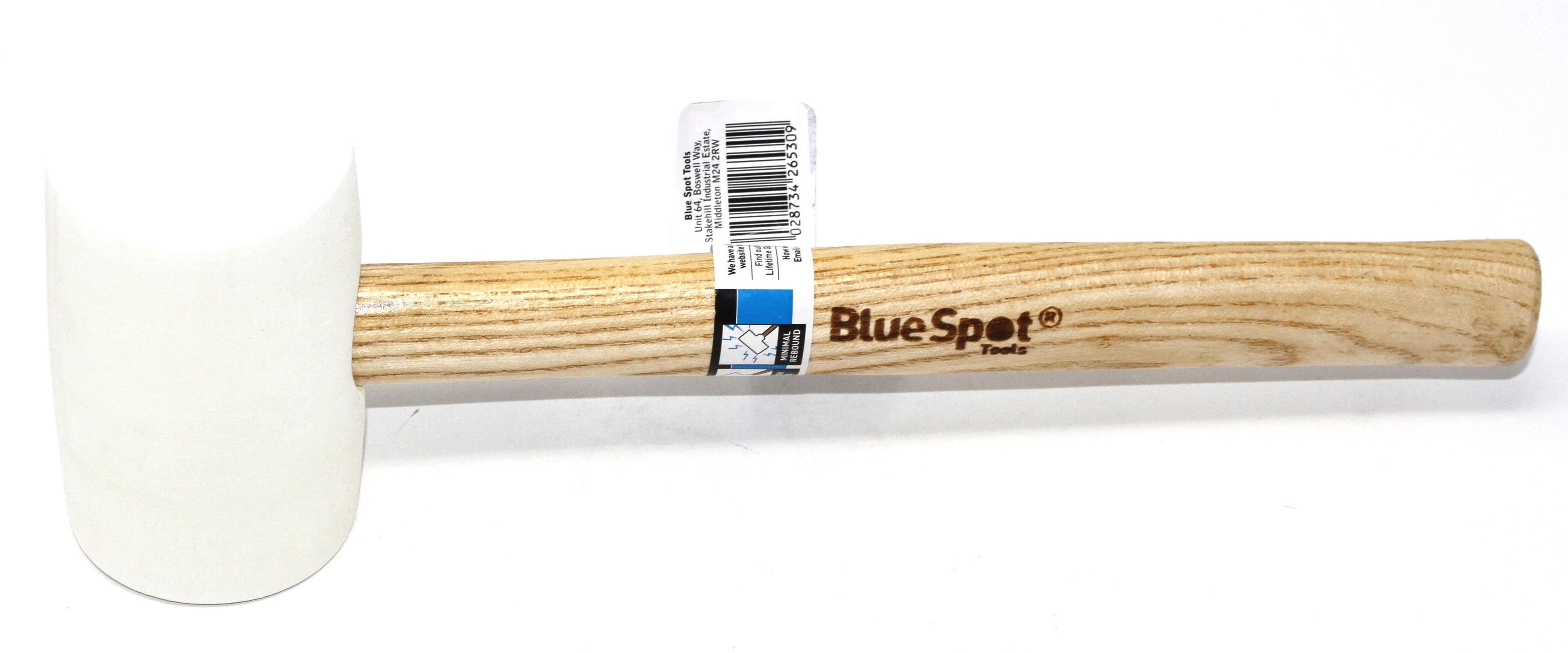 Blue Spot 16oz White Rubber mallet with a wooden handle on a white background.