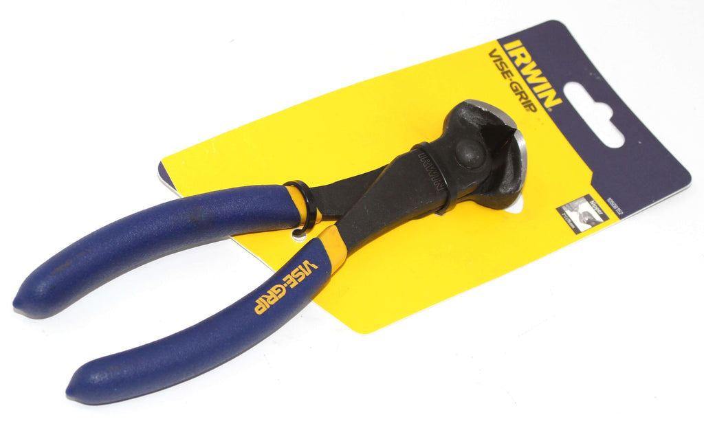 Irwin Vise-Grip 7" End Cutting Nippers with blue rubber grips and packaging.