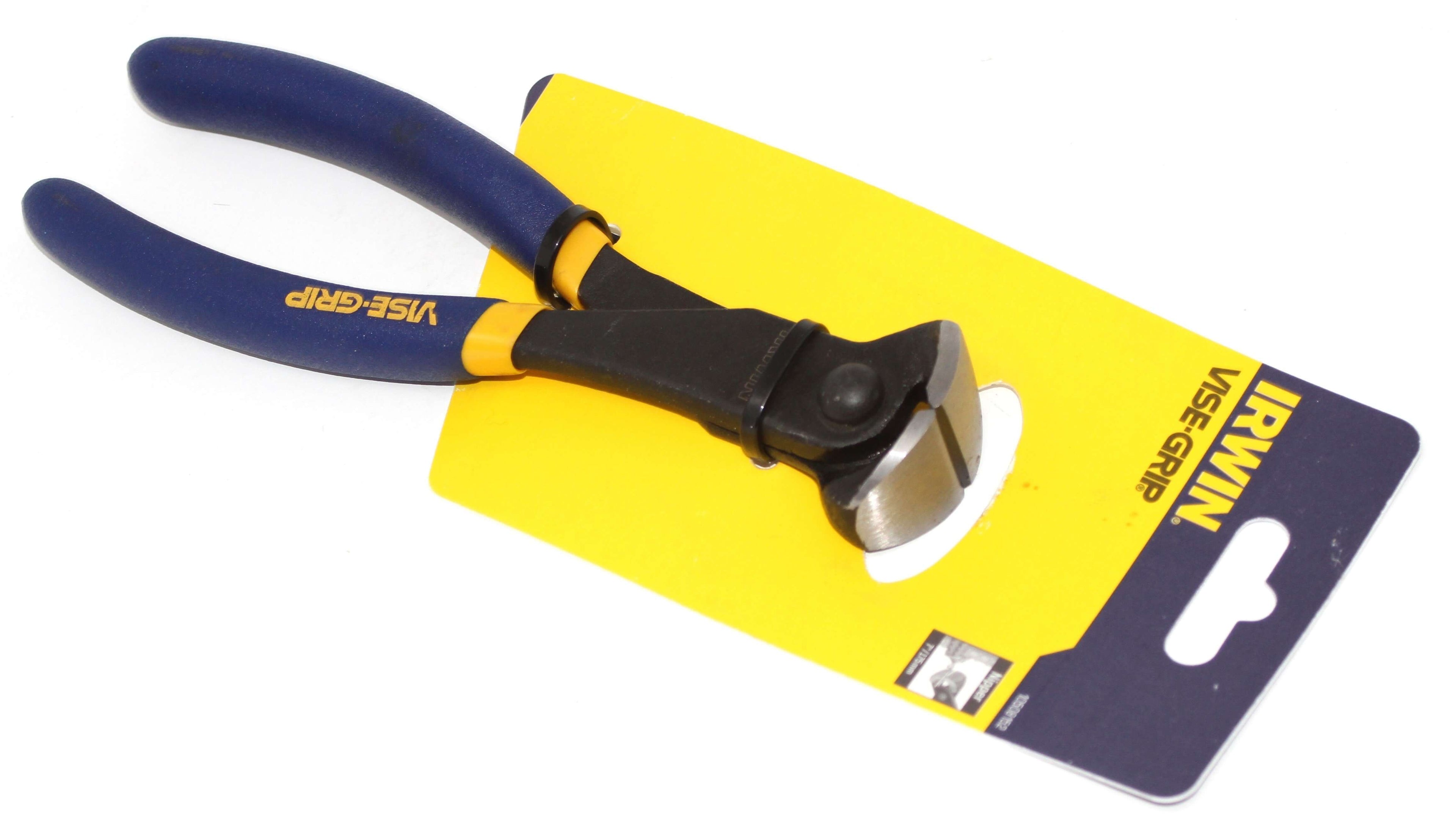 Irwin Vise-Grip 7" End Cutting Nippers on packaging with blue handles and cutting edge visible.