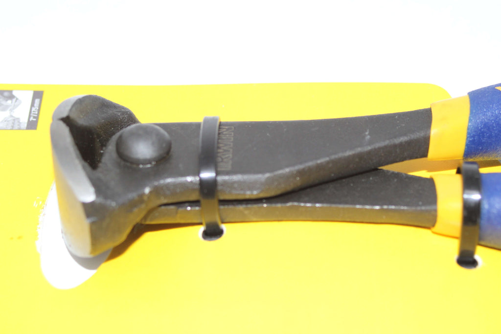 Irwin Vise-Grip 7" End Cutting Nippers resting on a yellow background, showcasing the tool's sharp cutting edges.