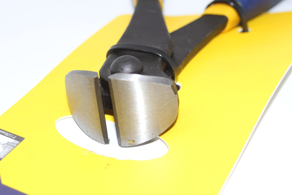 Irwin Vise-Grip 7" End Cutting Nippers with sharp cutting edges on a yellow background.
