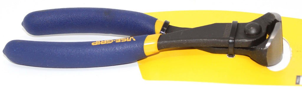 Irwin Vise-Grip 7" End Cutting Nippers with blue grips and black cutting head on a yellow background.