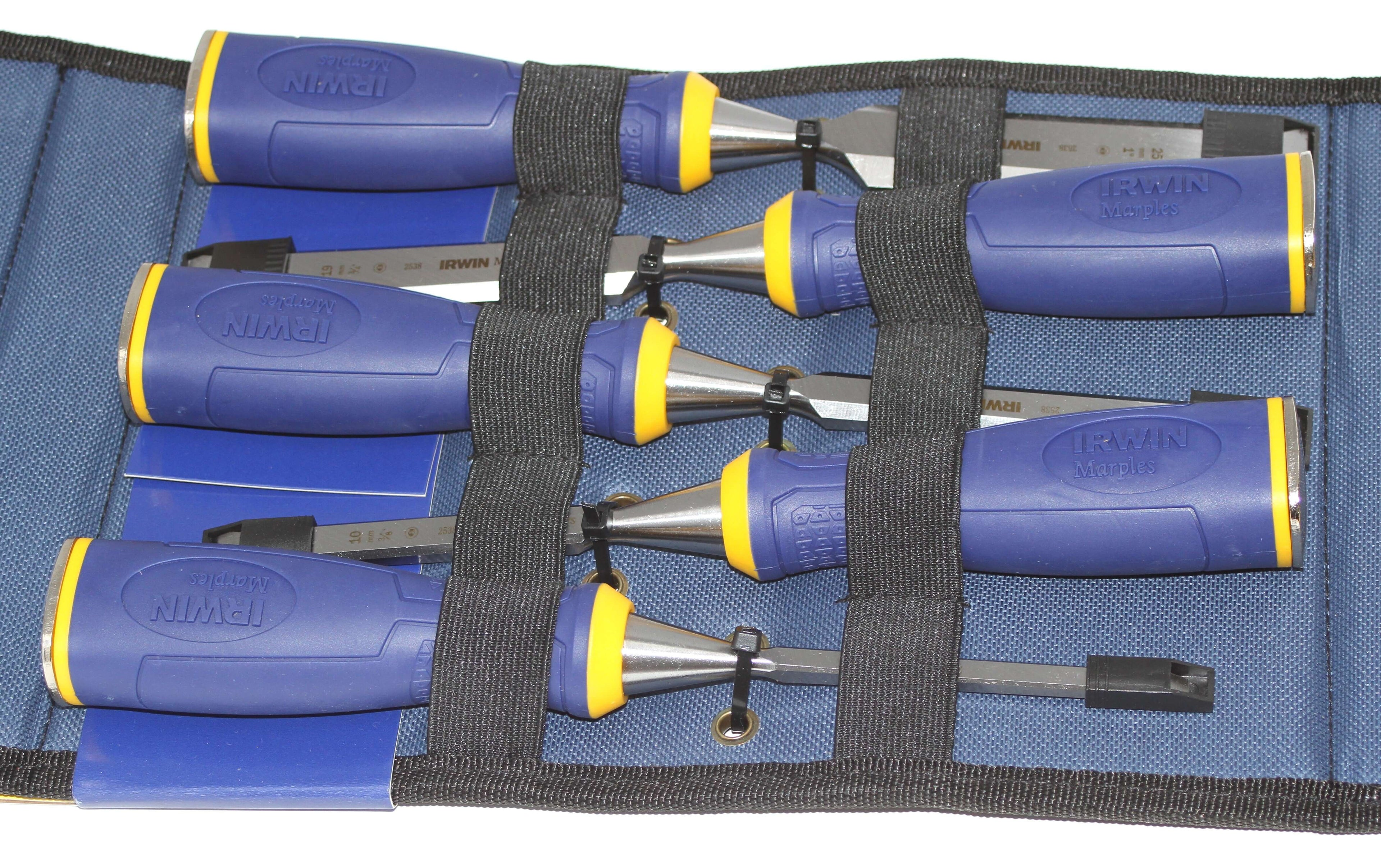 Irwin Marples MS500 Chisel Set 5 Piece in a storage roll, featuring precision-engineered blades for woodworking.