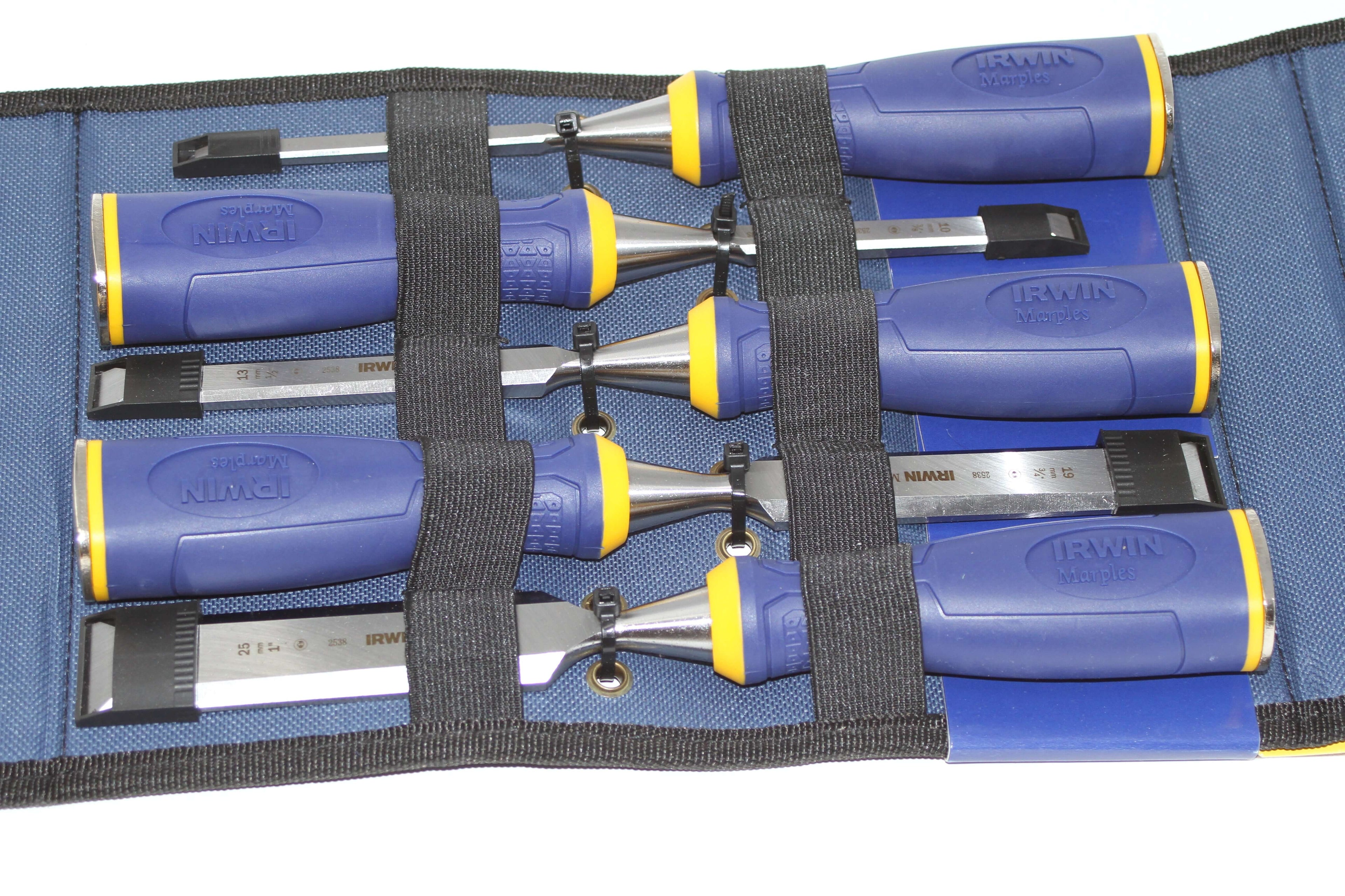 Irwin Marples MS500 Chisel Set 5 Piece displayed in a case, showcasing precision-engineered blades and ergonomic grips.
