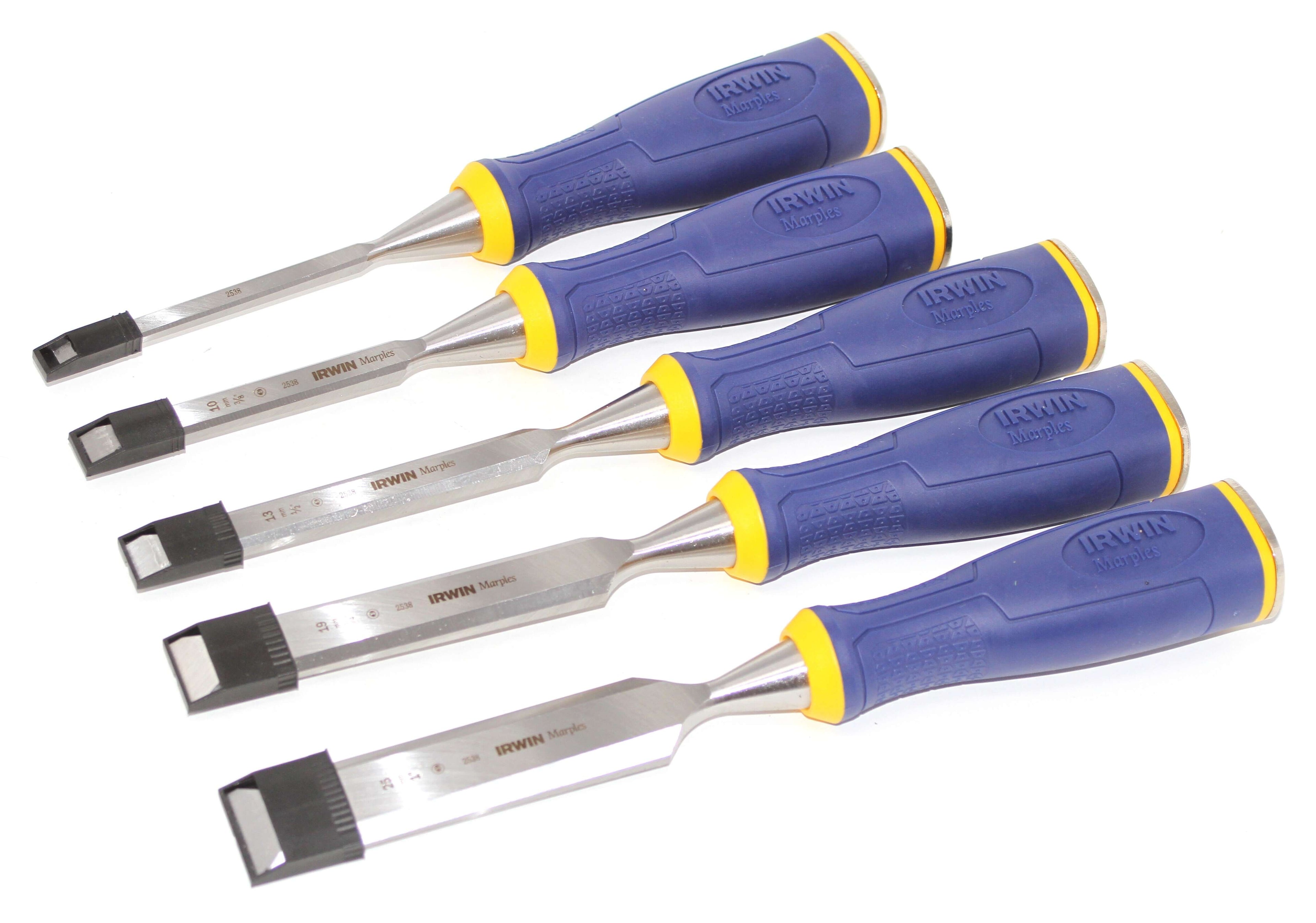 Irwin Marples MS500 Chisel Set 5 Piece with precision-engineered blades and blue ergonomic handles.