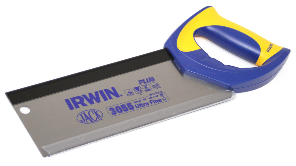 Irwin Jack 10" Tenon Saw with a blue handle and a stainless steel blade for precise cutting.