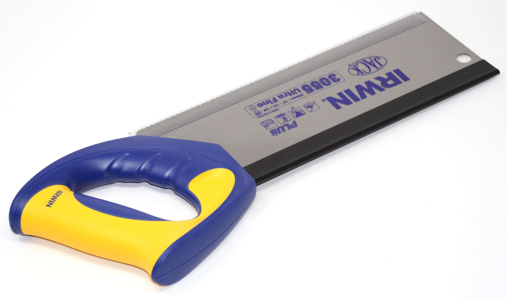 Irwin Jack 10" Tenon Saw with a blue and yellow handle, designed for precise cutting in woodworking.