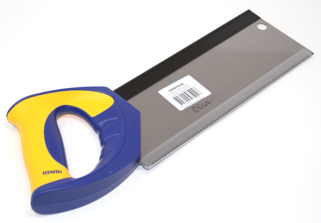 Irwin Jack 10" Tenon Saw with a blue and yellow handle, suitable for precise woodworking cuts.